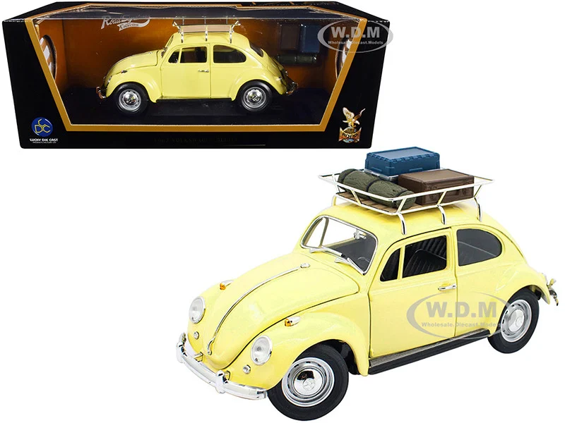 1967 Volkswagen Beetle with Roof Rack and Luggage Yellow 1/18 Diecast Model Car by Road Signature - Volkswagen Models