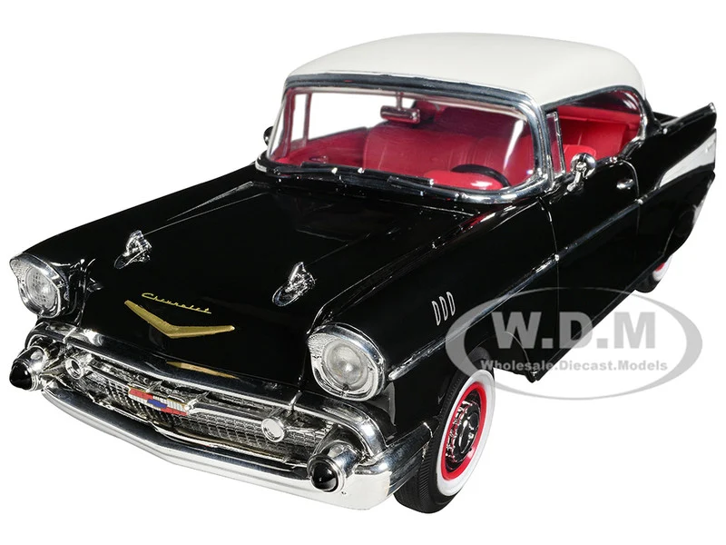 1957 Chevrolet Bel Air Hardtop Black with White Top and Red Interior 1/18 Diecast Model Car by Road Signature - Chevrolet Models