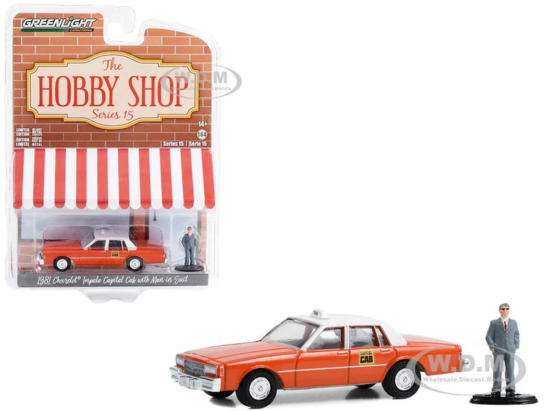 1981 Chevrolet Impala "Capitol Cab" Taxi Orange with White Top and Man in Suit Figure "The Hobby Shop" Series 15 1/64 Diecast Model Car by Greenlight - Chevrolet Models