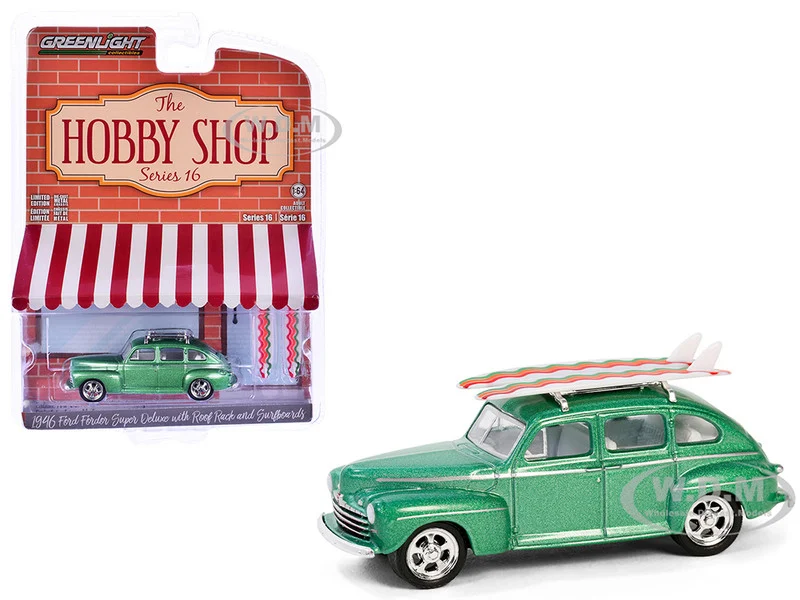 1946 Ford Fordor Super Deluxe Green Metallic with White Interior and Roof Rack with Surfboards "The Hobby Shop" Series 16 1/64 Diecast Model Car by Greenlight - Ford Models
