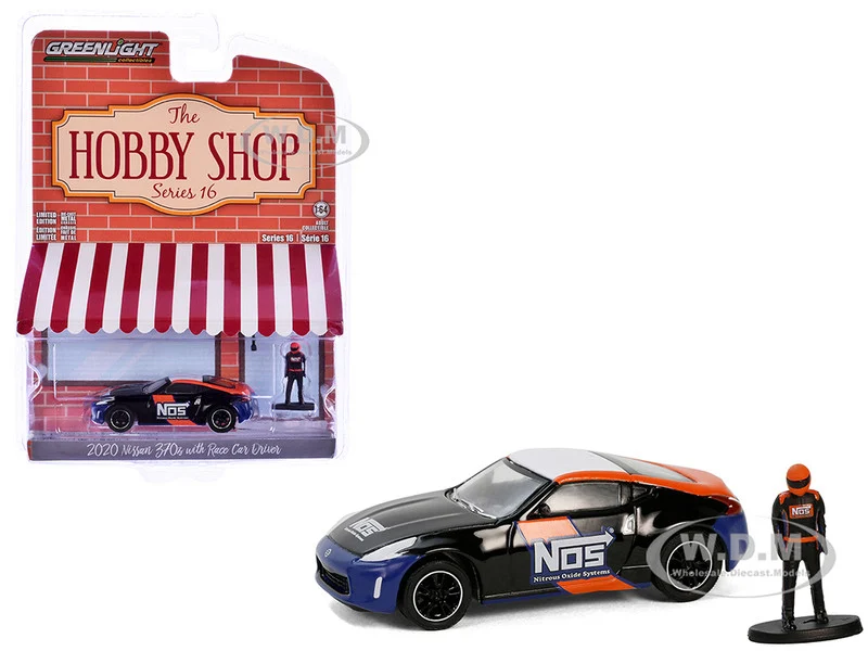 2020 Nissan 370z "NOS Nitrous Oxide Systems" Black with Graphics and Race Car Driver "The Hobby Shop" Series 16 1/64 Diecast Model Car by Greenlight - Nissan Models