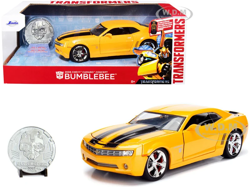 2006 Chevrolet Camaro Concept Yellow Bumblebee with Robot on Chassis and Collectible Metal Coin "Transformers" Movie 1/24 Diecast Model Car by Jada - Chevrolet Models