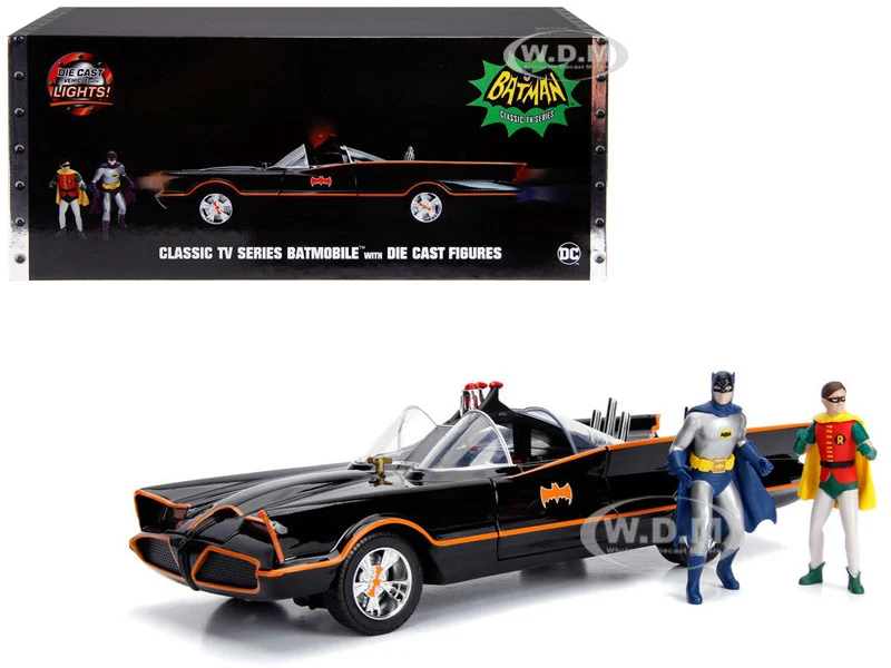 Classic TV Series Batmobile with Working Lights, and Diecast Batman and Robin Figures "80 Years of Batman" 1/18 Diecast Model Car by Jada - Movie/TV Series Models