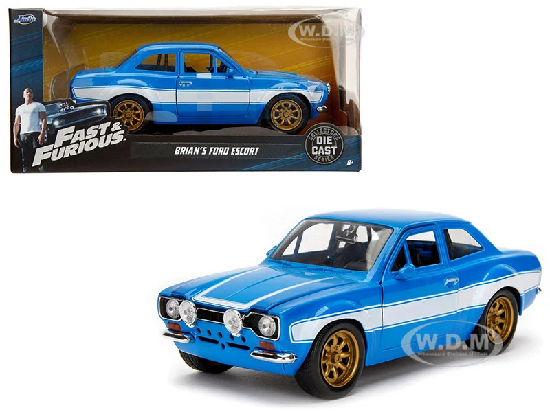1970 Brian's Ford Escort Blue with White Stripes "Fast & Furious" Movie 1/24 Diecast Model Car by Jada - Ford Models