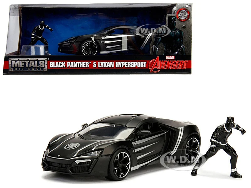 Lykan Hypersport Black with Black Panther Diecast Figurine "Avengers" "Marvel" Series 1/24 Diecast Model Car by Jada - Movie/TV Series Models