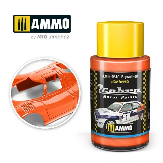 AMMO by Mig Jimenez 0310 Cobra Motor Acrylic Paint - Repsol Red (30ml) for Lancia Integrale, Ford Scort