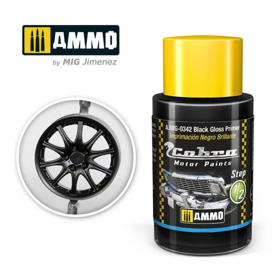 AMMO by Mig Jimenez 0342 Cobra Motor Acrylic Paint - Black Gloss Primer (30ml) for Chrome Pieces