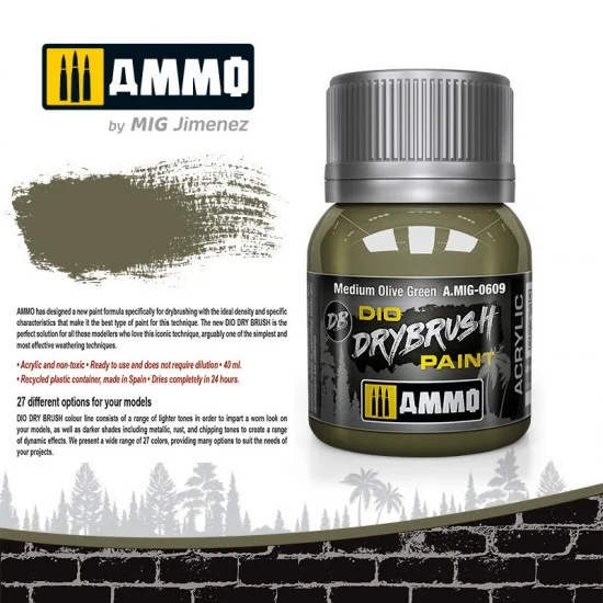 AMMO by Mig Jimenez 0609 DIO Drybrush Acrylic Paint - Medium Olive Green (40ml)