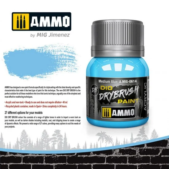 AMMO by Mig Jimenez 0614 DIO Drybrush Acrylic Paint - Medium Blue (40ml)