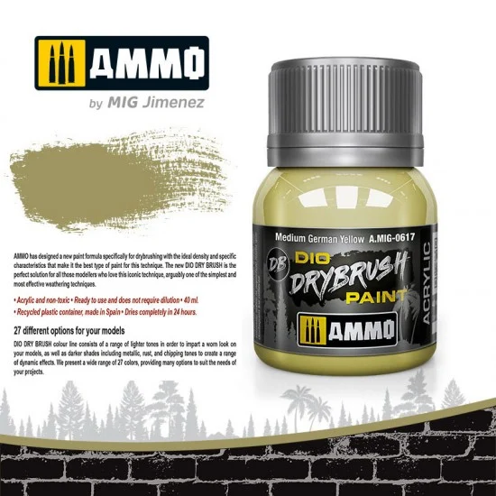 AMMO by Mig Jimenez 0617 DIO Drybrush Acrylic Paint - Medium German Yellow (40ml)