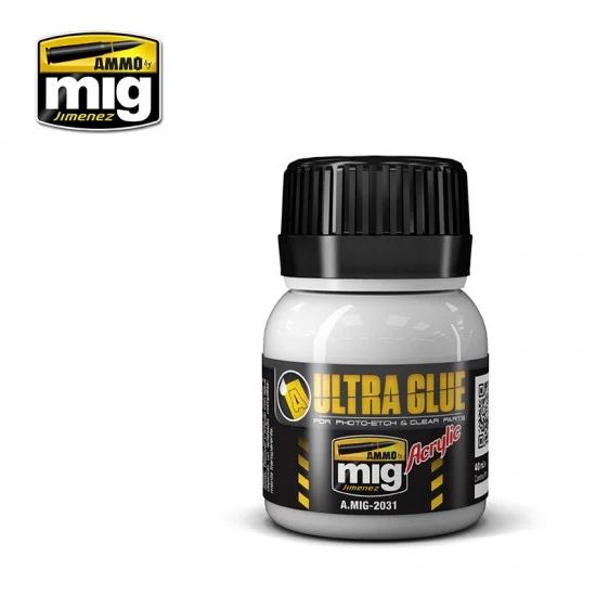 AMMO by Mig Jimenez 2031 Ultra Glue (Acrylic Waterbase Glue) for Etch, Clear Parts & More (40ml) - Hobby Tools & Supplies