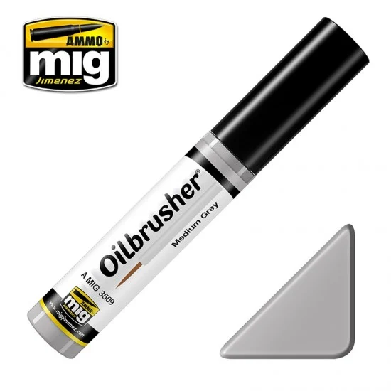 AMMO by Mig Jimenez 3509 Oilbrusher - Medium Grey (Oil paint with fine brush applicator)