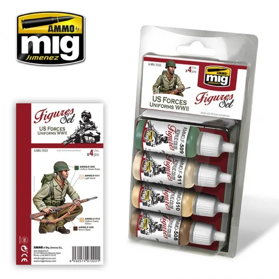 AMMO by Mig Jimenez 7022 Acrylic Paint Set for Figures - WWII US Forces Uniforms (4x 17ml)
