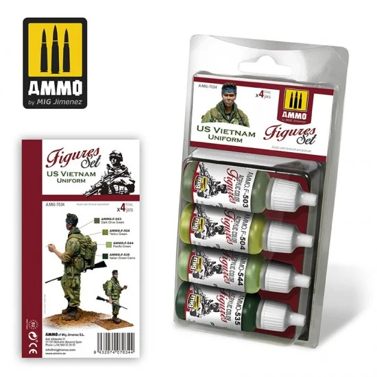 AMMO by Mig Jimenez 7034 Acrylic Paint Set for Figures - US Vietnam Uniform (4x 17ml)