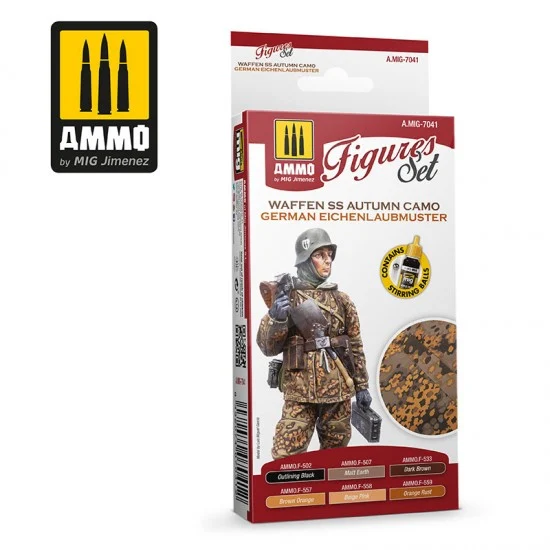 AMMO by Mig Jimenez 7041 Acrylic Paint Set - Waffen SS Autumn Camo German Einchenlaubmuster (6x 17ml)