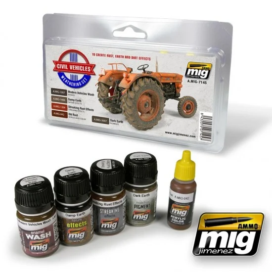 AMMO by Mig Jimenez 7145 Civil Vehicles Weathering Set (3x Enamel Colours & 1x Pigment & 1x Acrylic Colour) - Hobby & Model Paints