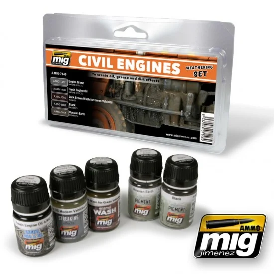 AMMO by Mig Jimenez 7146 Civil Engines Weathering Set (3x Enamel Colours & 2x Pigments) - Hobby & Model Paints