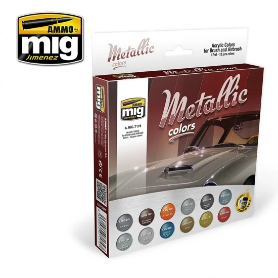 AMMO by Mig Jimenez 7175 Acrylic Paint Set - Metallic Colours (12 x 17ml)