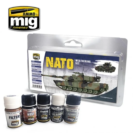 AMMO by Mig Jimenez 7446 NATO Weathering Set - Wash, Streaking, Filter, Pigment & Mud Splashes Product (5 x 35ml)