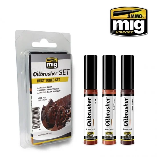 AMMO by Mig Jimenez 7501 Oilbrushers Set - Rust Tones (3 Oil paints with fine brush applicators)