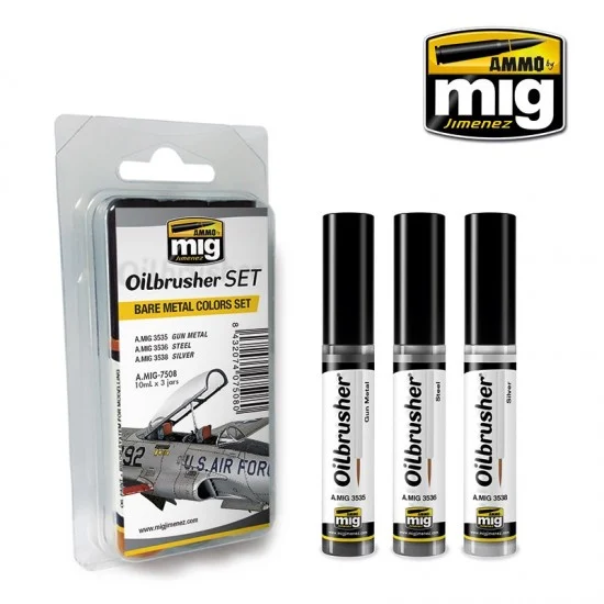 AMMO by Mig Jimenez 7508 Oilbrushers Set - Bare Metal (3 Paints w/Fine Brush Applicators)