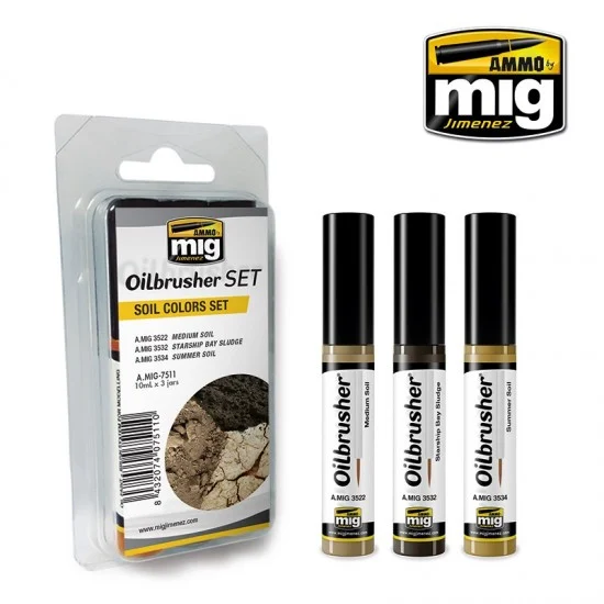 AMMO by Mig Jimenez 7511 Oilbrushers Set - Soil Colours (3 Paints w/Fine Brush Applicators)