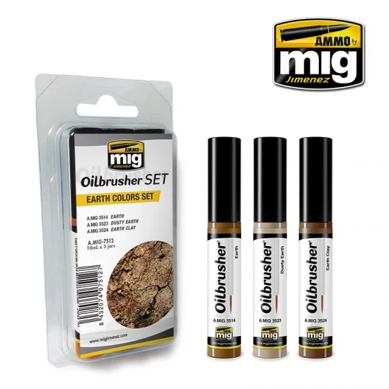 AMMO by Mig Jimenez 7512 Oilbrushers Set - Earth Colours (3 Paints w/Fine Brush Applicators)