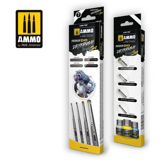 AMMO by Mig Jimenez 7607 Premium Dio Drybrush Set (#2 #4 #6 #8 Technical Brush) - Hobby & Model Paints