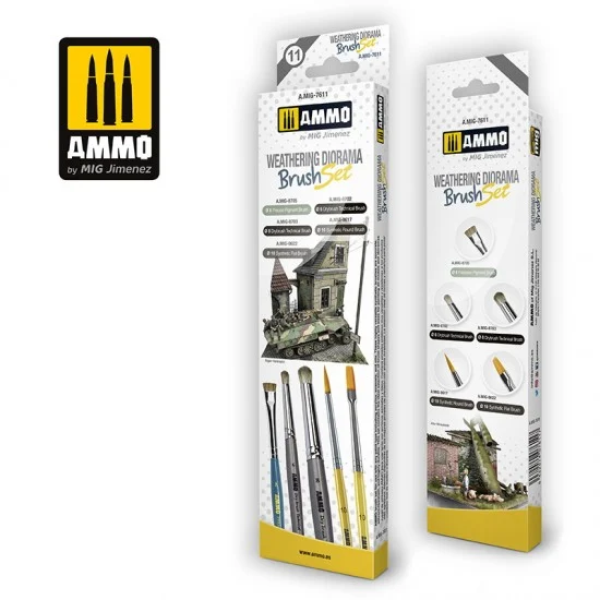 AMMO by Mig Jimenez 7611 Brushes for Weathering Diorama Set (#6 #8 Drybrush, #8 Pigment Brush, #10 Flat #10 Round) - Hobby & Model Paints