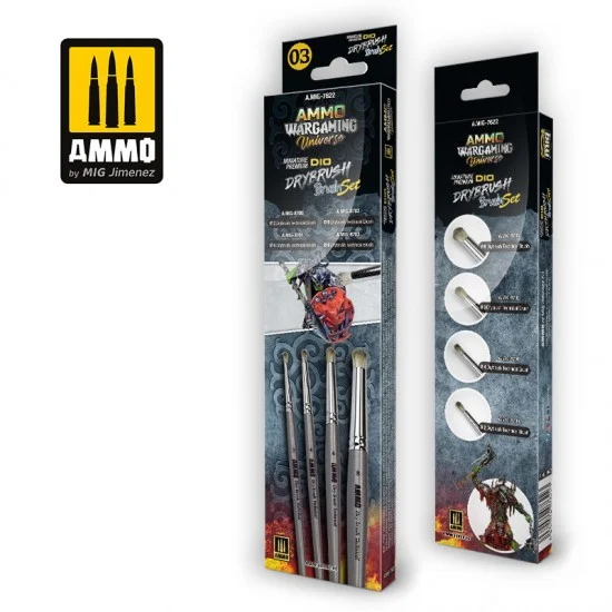 AMMO by Mig Jimenez 7622 Ammo Wargaming Universe - Miniature Premium Dio Drybrush Brush Set (4pcs)