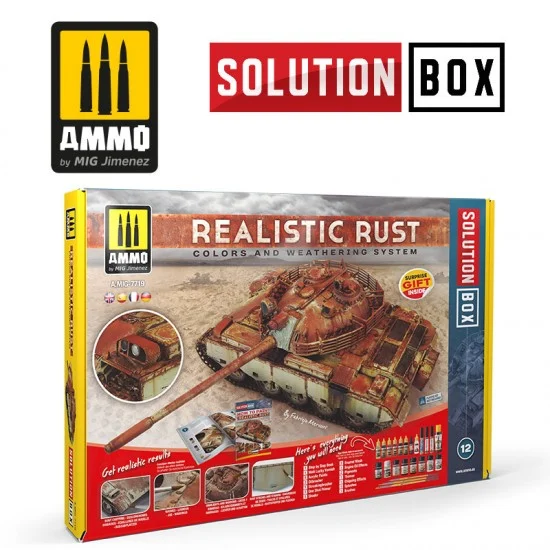 AMMO by Mig Jimenez 7719 Solution Box - Realistic Rust Colours and Weathering System w/Guide Book