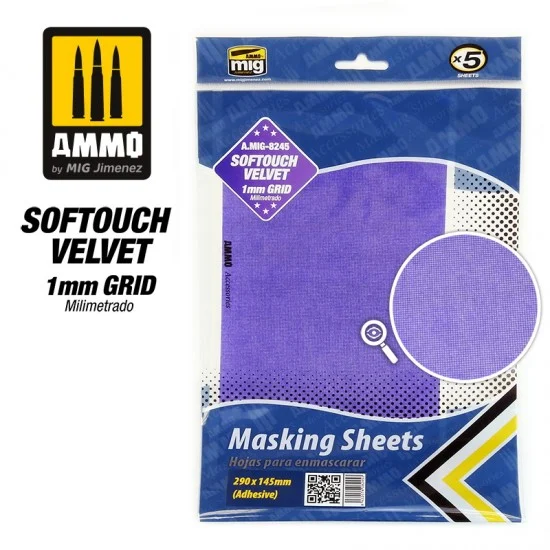 AMMO by Mig Jimenez 8245 Softouch Velvet Masking Sheets 1mm Grid (x5 sheets, 290mm x 145mm, adhesive) - Hobby & Model Paints
