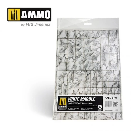 AMMO by Mig Jimenez 8771 White Square Die-cut Marble Tiles (2 Laminated Cardboards)