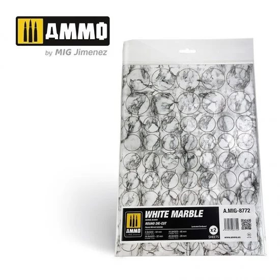 AMMO by Mig Jimenez 8772 White Round Die-cut Marble Bases for Wargames (2 Laminated Cardboards)