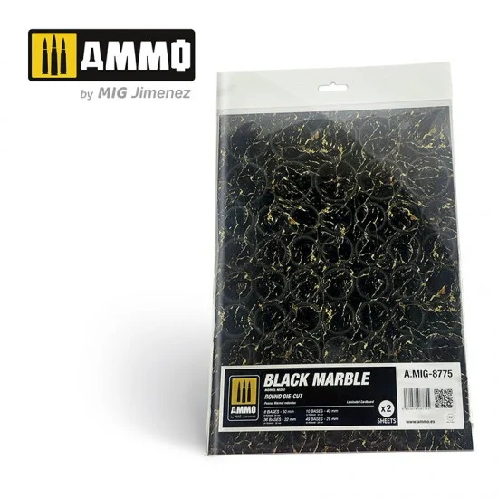 AMMO by Mig Jimenez 8775 Black Round Die-cut Marble Bases for Wargames (2 Laminated Cardboards)