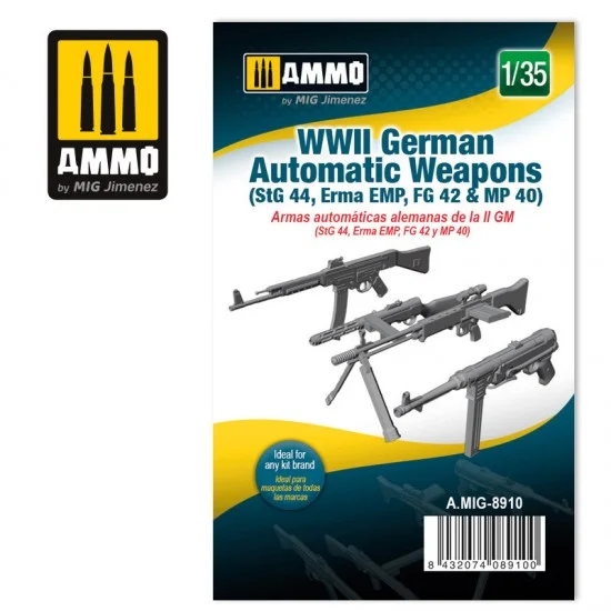 AMMO by Mig Jimenez 8910 1/35 WWII German Automatic Weapons (StG 44, Erma EMP, FG 42 & MP 40) - Model Figures