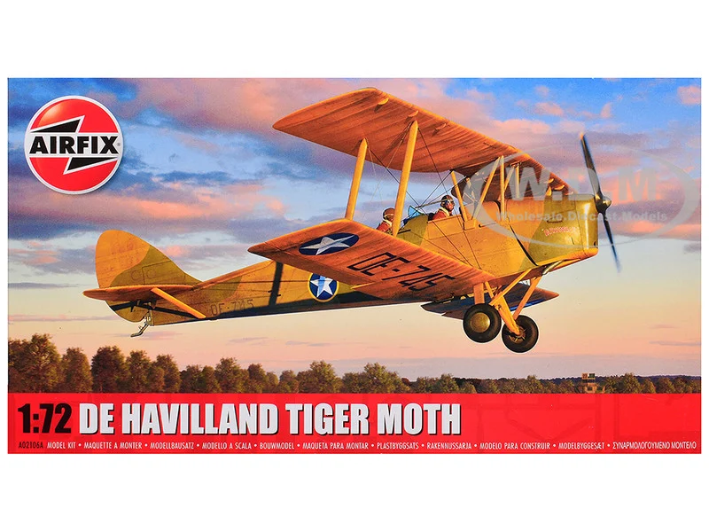 Level 2 Model Kit De Havilland Tiger Moth Aircraft with 2 Scheme Options 1/72 Plastic Model Kit by Airfix - Military Models