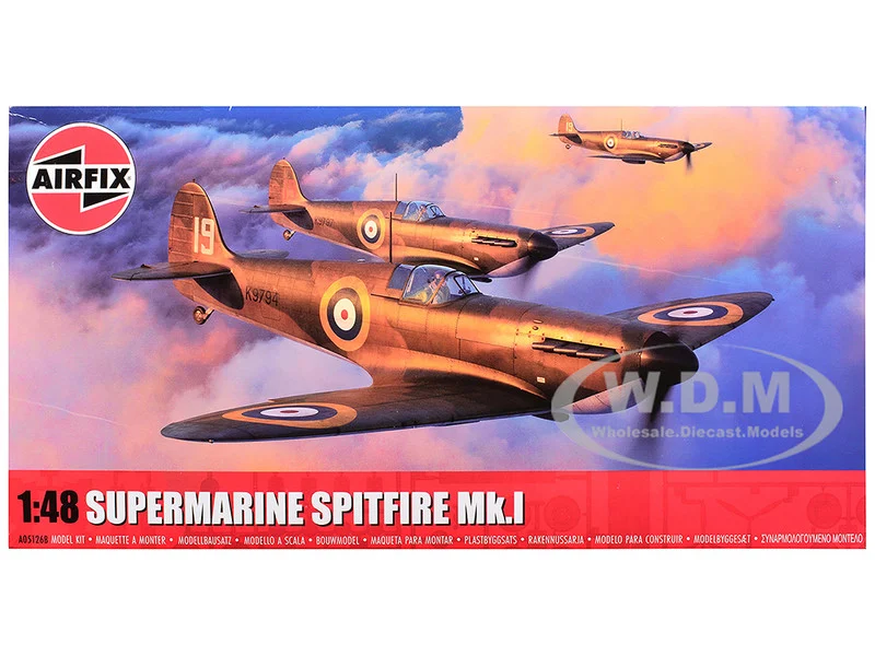 Level 2 Model Kit Supermarine Spitfire Mk.I Fighter Aircraft with 3 Scheme Options 1/48 Plastic Model Kit by Airfix - Military Models