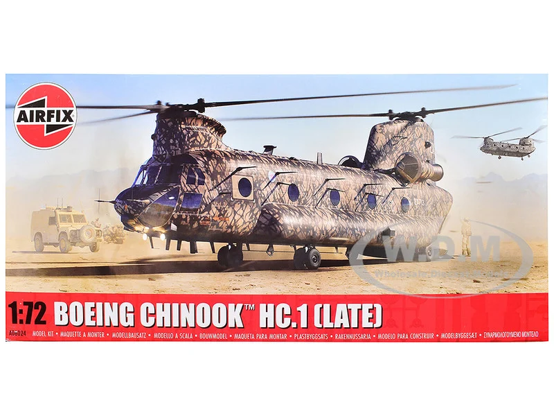 Level 3 Model Kit Boeing Chinook HC.1 (Late Production) Helicopter with 2 Scheme Options 1/72 Plastic Model Kit by Airfix - Military Models