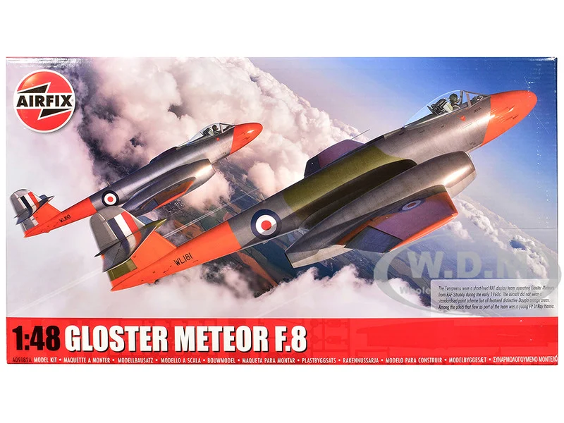 Level 3 Model Kit Gloster Meteor F.8 Aircraft with 2 Scheme Options 1/48 Plastic Model Kit by Airfix - Military Models