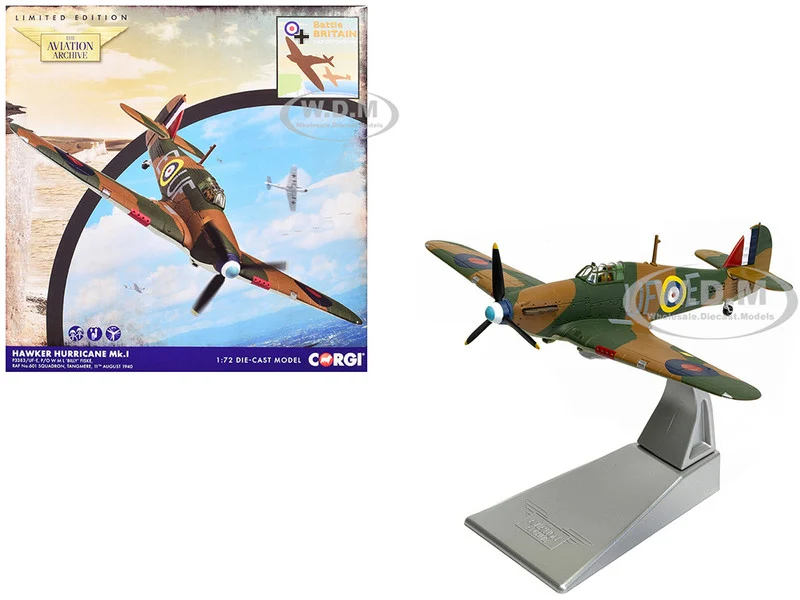 Hawker Hurricane Mk.I Fighter Aircraft "Pilot Officer William 'Billy' Fiske, No. 601 Squadron, Battle of Britain" (1940) British Royal Air Force "The Aviation Archive" Series 1/72 Diecast Model by Corgi - Military Models
