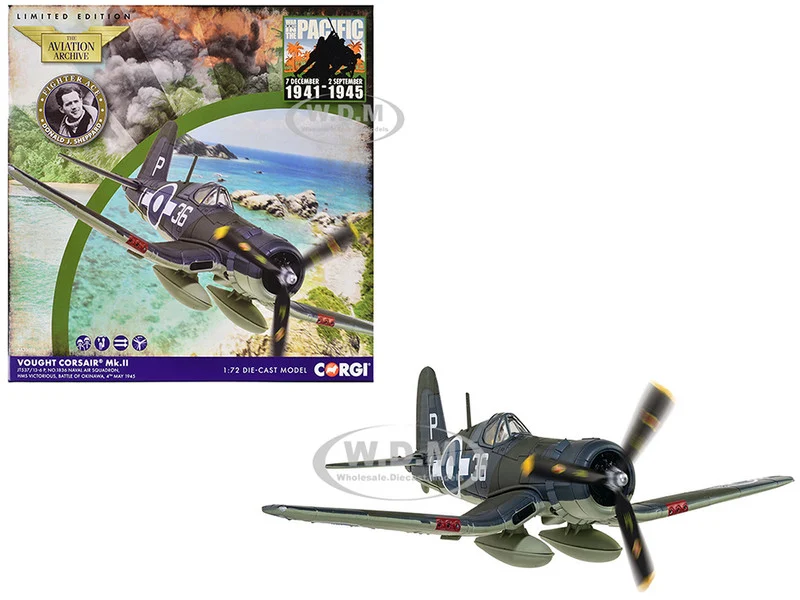 Vought Corsair Mk. II Fighter Aircraft "JT537, 1836 Naval Air Squadron, HMS Victorious, Battle of Okinawa" (1945) British Royal Navy Fleet Air Arm "The Aviation Archive" Series 1/72 Diecast Model by Corgi - Military Models