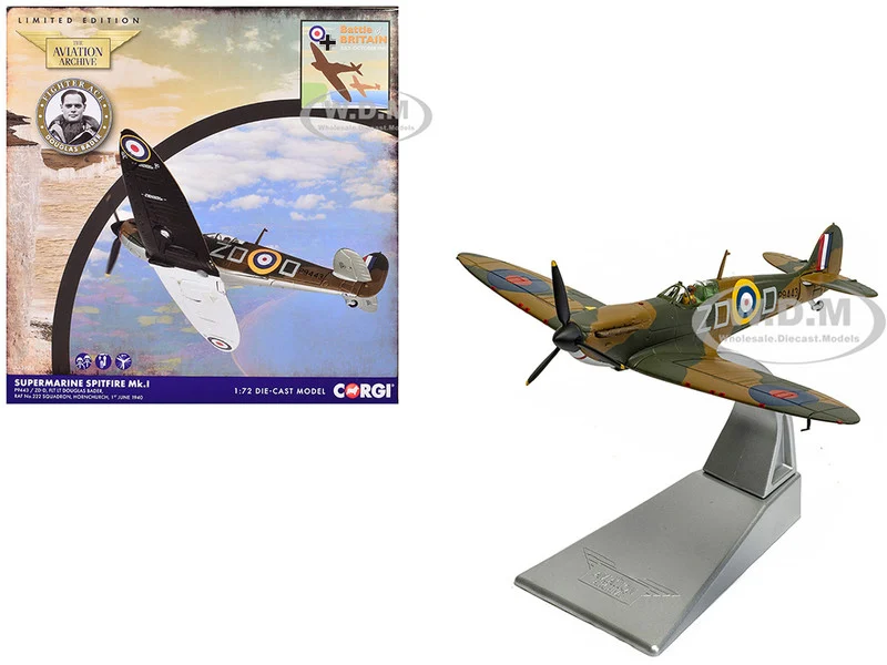 Supermarine Spitfire MkI Fighter Aircraft "P9443 ZD-D, Flight Lieutenant Douglas Bader, No. 222 Squadron, Battle of Britain" (1940) Royal Air Force "The Aviation Archive" Series 1/72 Diecast Model by Corgi