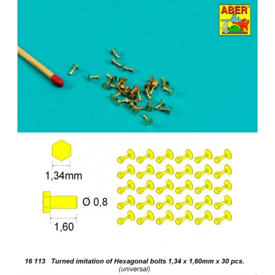 Aber 16113 Turned Hexagonal Bolts (30pcs, each: dia.0.8mm, 1.34mmx1.60mm) - Hobby Tools & Supplies