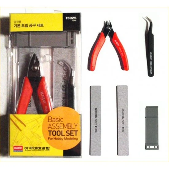 Academy 15925 Basic Assembly Tool Set: Sprue Cutter, Bent Tweezers, Sandpaper, Part Separator - Hobby Tools & Supplies
