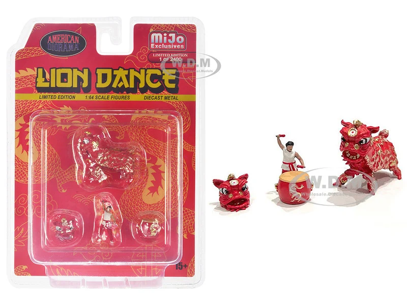 "Lion Dance" 4 piece Diecast Figure Set (1 Figures, 1 Lion, 2 Accessories) Limited Edition to 2400 pieces Worldwide for 1/64 Scale Models by American Diorama