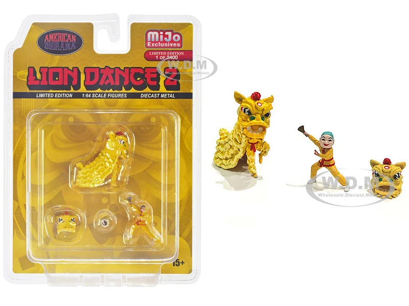"Lion Dance 2" 4 piece Diecast Figure Set (1 Figures, 1 Lion, 2 Accessories) Limited Edition to 2400 pieces Worldwide for 1/64 Scale Models by American Diorama