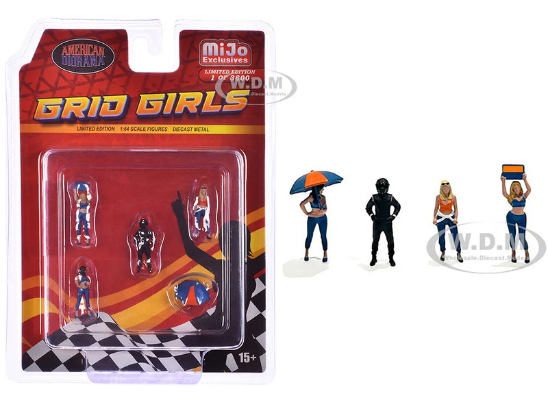 "Grid Girls" 5 piece Diecast Figure Set (4 People Figures, 1 Umbrella) Limited Edition to 3600 pieces Worldwide for 1/64 Scale Models by American Diorama