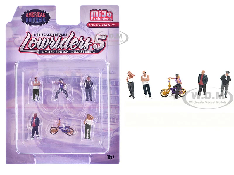 "Lowriders #5" 6 piece (5 People, 1 Bicycle) Diecast Figures Set 1/64 Scale Models by American Diorama