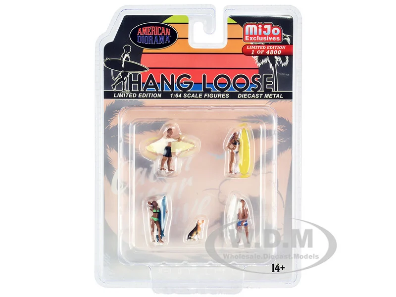"Hang Loose" 5 piece Diecast Set (4 Surfer Figures and 1 Dog) Limited Edition to 4800 pieces Worldwide for 1/64 Scale Models by American Diorama - Accessories